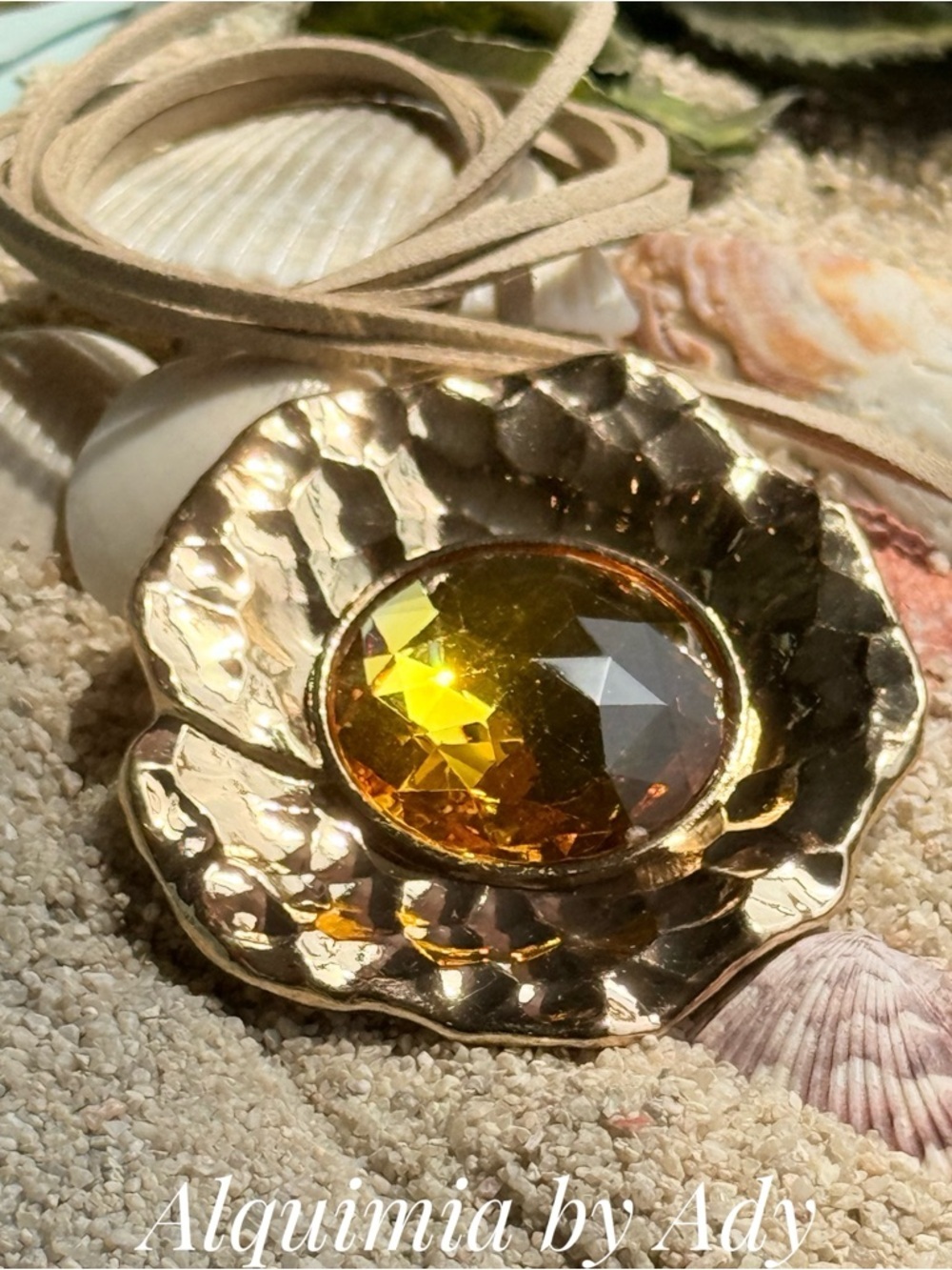 EXAGGERATED Gold-Tone Pendant Necklace with Amber Crystal on Tan Suede Cord - Picture 2 of 3